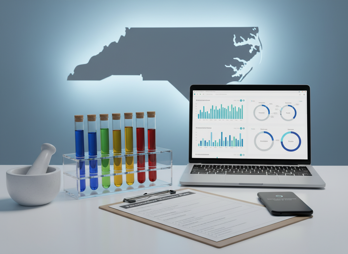 A neatly arranged hormone and metabolic health workspace with color-coded glass sample tubes in a clear rack, a white ceramic mortar and pestle, and an open laptop displaying analytical graphs and hormone balance charts. Beside it, a printed care plan with clear sections for lifestyle, medication, and follow-up rests on a clipboard, and a smartphone shows a reminder for an upcoming virtual consultation. The background features a wall-sized, softly glowing outline of North Carolina, hinting at statewide concierge coverage. Cool, even studio-style lighting ensures every object is clearly defined, with subtle reflections on glass and metal. Photographic realism, shot from a slightly elevated angle with balanced composition, conveys precision, personalization, and evidence-based hormone and metabolic telehealth.