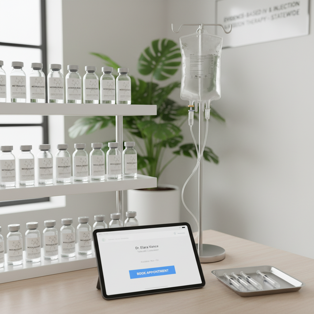 An organized white clinical shelf holding labeled glass vials, a stainless steel IV stand with a clear fluid bag, and a small tray of single-use syringes with protective caps, representing metabolic and hormone health therapies. A digital tablet on the counter shows a clean, minimalist scheduling interface with an emphasized “book appointment” button, slightly out of focus but clearly visible. The setting is a bright, modern home office turned telehealth space with a subtle plant in the background. Soft overhead lighting mixed with diffused window light creates a balanced, shadow-free scene. Photographic realism with a slightly elevated angle and sharp focus throughout conveys safety, precision, and evidence-based IV and injection therapy available statewide.