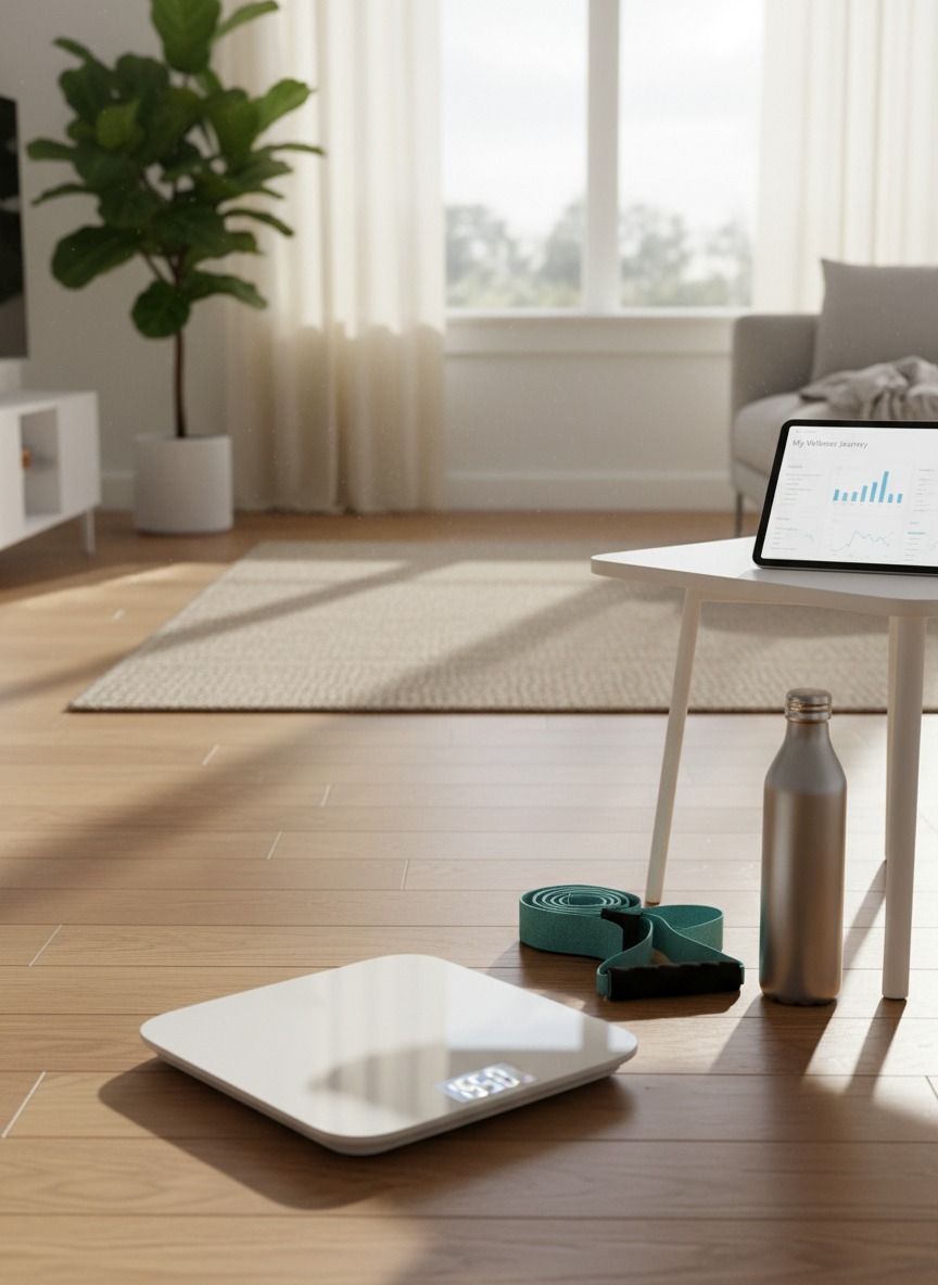 A smooth white bathroom scale with a soft grey digital display placed on a warm-toned hardwood floor, beside a neatly coiled resistance band and a stainless steel water bottle, symbolizing medically guided weight loss. On a nearby white desk, a tablet displays a structured wellness plan with charts and progress graphs, slightly blurred but readable. The background shows a bright, minimalist living space with neutral textiles and a single leafy plant, suggesting a home environment supported by virtual care. Morning sunlight filters through sheer curtains, casting gentle, elongated shadows and a serene glow. Photographic realism, captured from a slightly elevated three-quarter angle, with the scale in sharp focus and the room subtly blurred, creates a hopeful, encouraging mood about sustainable, supervised weight management.